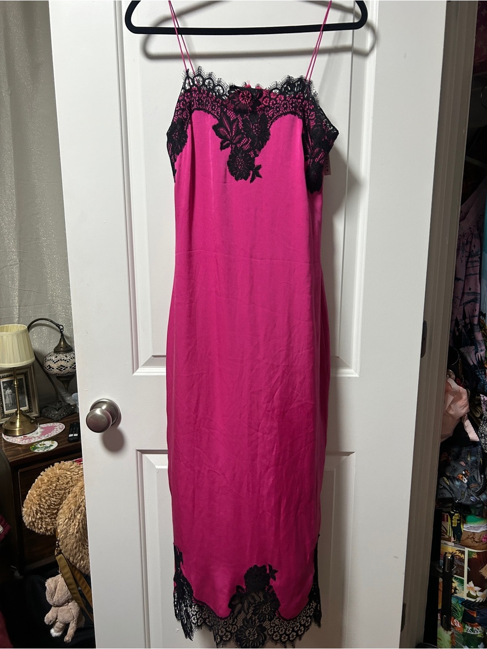 Alice + Olivia Hot Pink Slip Dress with Black Lace Trim
